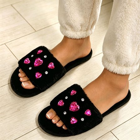 Samdudou Spa Slippers for Women Open Toe Plush Slides Anti Skid Rubber Sole Elegant Footwear for Evening Party Lounging with Sparkling Heart Jewel Embellishments
