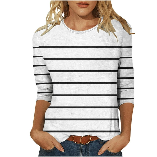 FAIWAD Chemises Rayées pour Femmes Hauts à Manches 3/4 Décontractés Col Rond Pull Tops Blouses Confortables d'Été