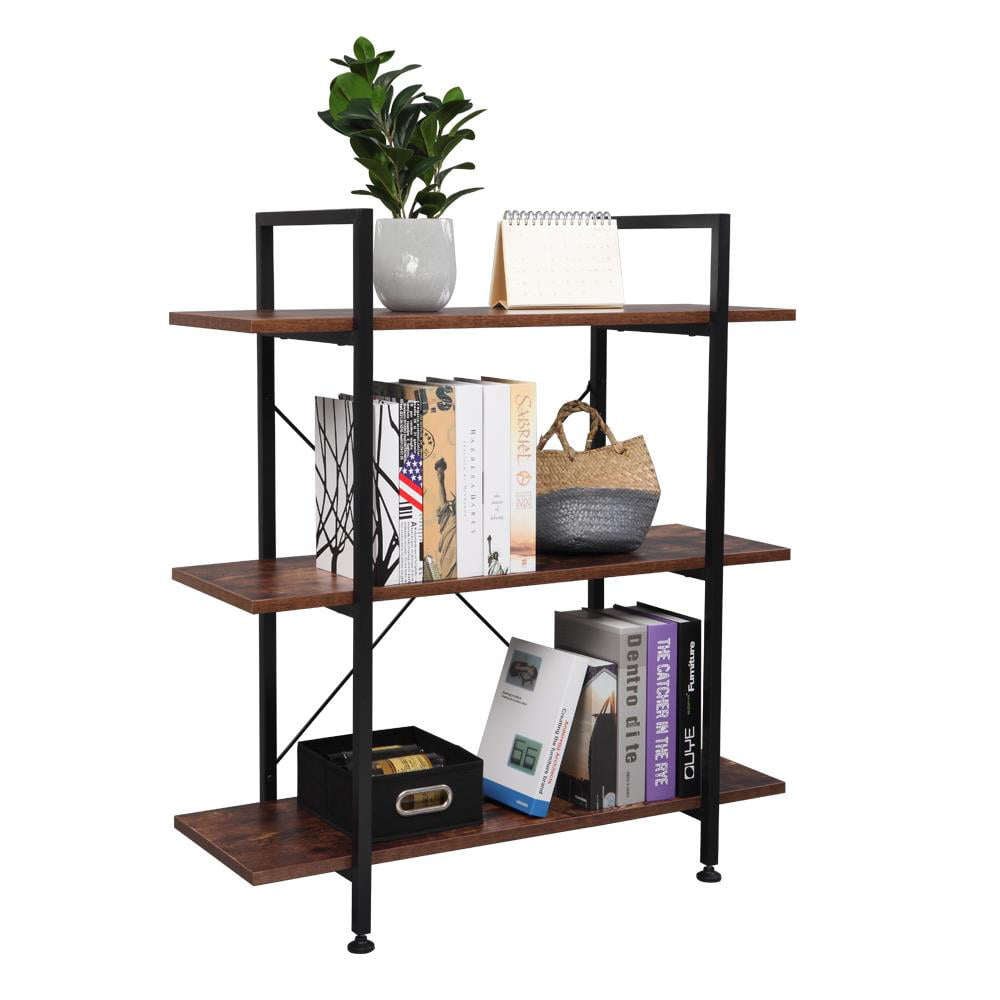 3 Tier Bookcase Rustic Bookshelf Plants Flowers Shelf Display Storage Wood Closet Organizer Multi Units Deluxe Free Stand Shelving Shelves Rack Curve Cabinet Dark Natural Wood Tone Curved Scoll Jerry & Maggie