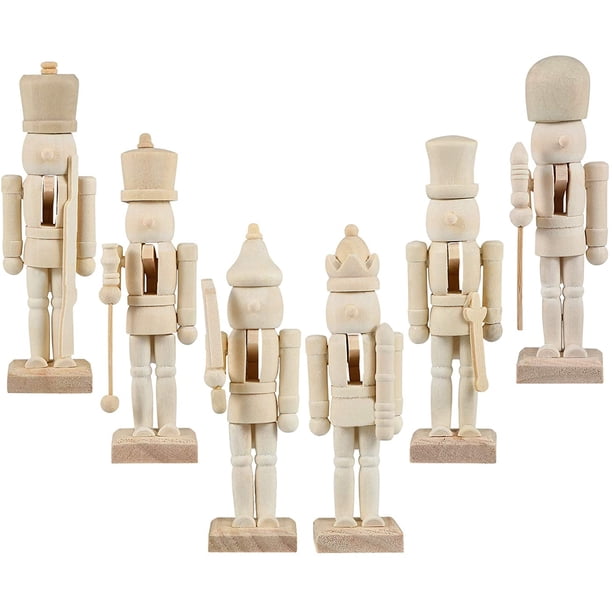 Juego de 6 cascanueces de Navidad de madera de 12 cm, muñeca de madera para niños, kit de bricolaje con pigmento, pincel de patrón, patrón aleatorio para muñecas de Navidad, festival, regalo