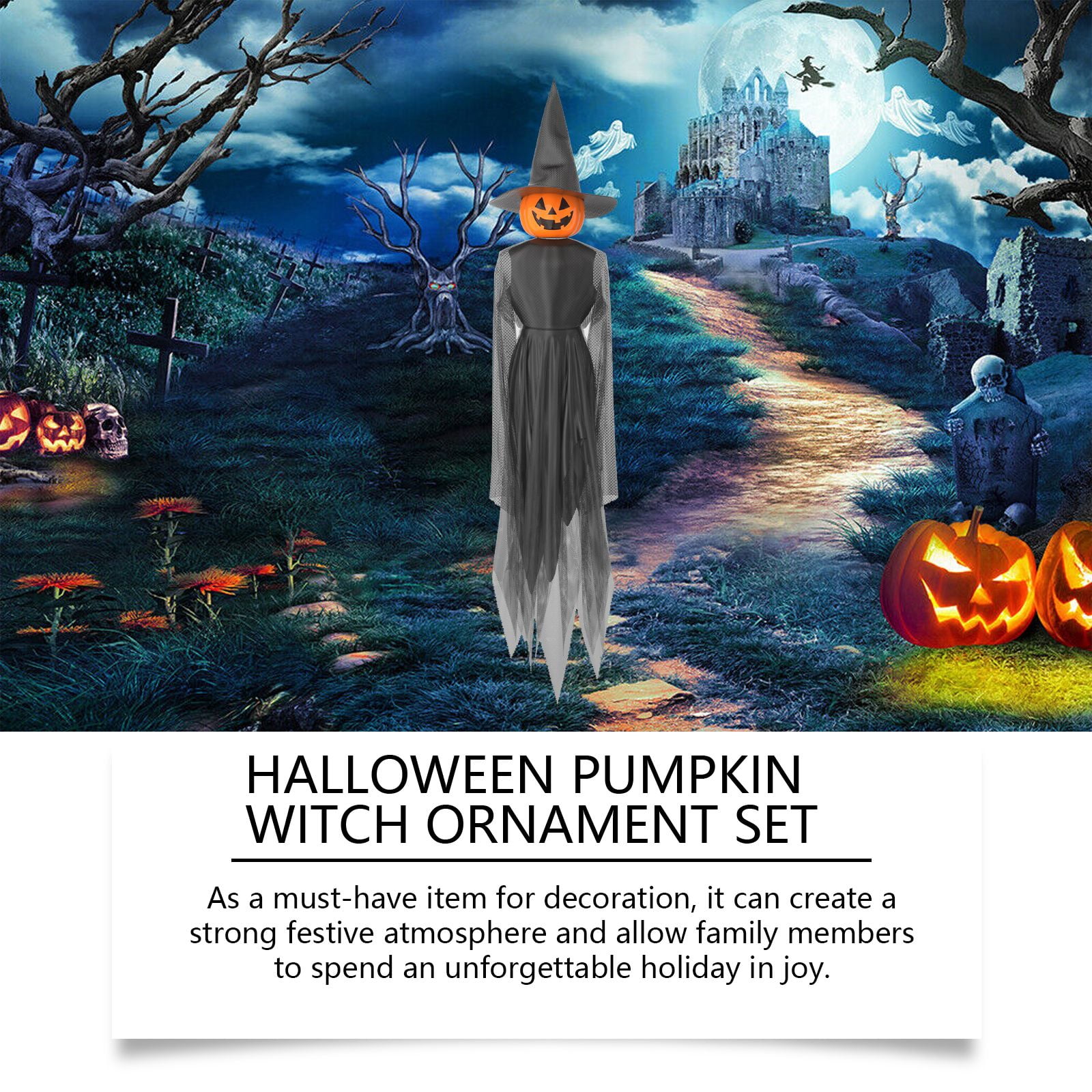 Alvantor Halloween Decorations Outdoor Pumpkin Witch Hanging Set Yard Decor with Ground Stakes Battery Operated Spooky Party Supplies, 1PC 59IN