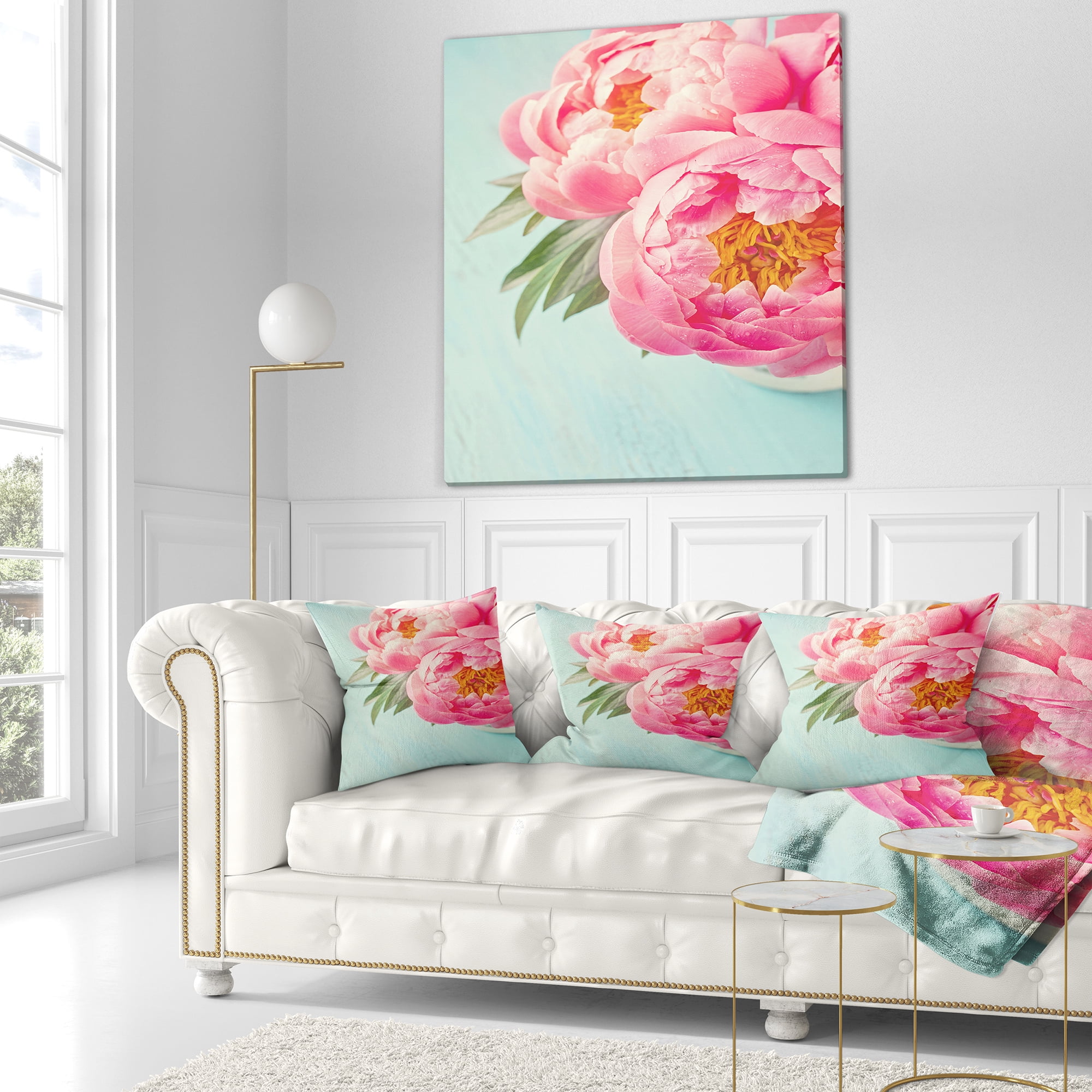Designart Peony Flowers on Blue Background - Floral Throw Pillow - 16x16
