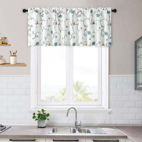 1 Pack White Valances for Windows, Faux Linen Light Filtering Embroidery Window Treatments for Bathroom, Small Blue Flower Rod Pocket Kitchen Valances, 52 x 18 Inch