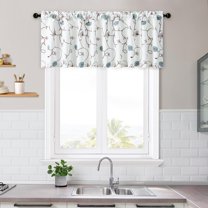 1 Pack White Valances for Windows, Faux Linen Light Filtering Embroidery Window Treatments for Bathroom, Small Blue Flower Rod Pocket Kitchen Valances, 52 x 18 Inch