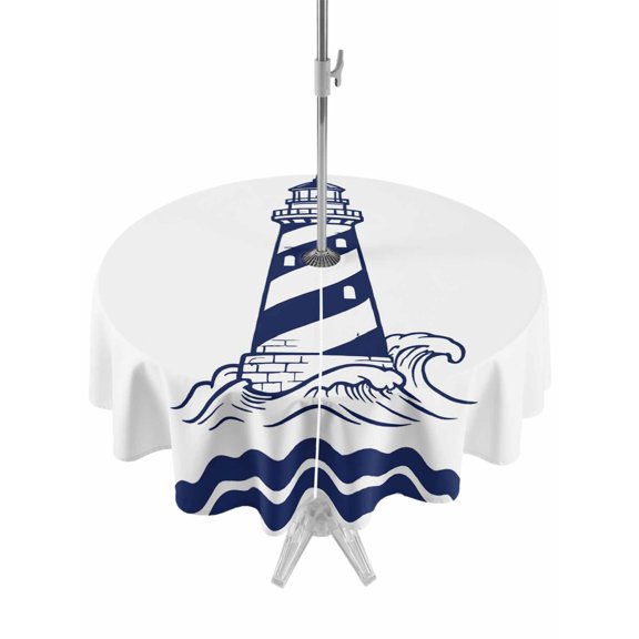 Outdoor Tablecloth with Umbrella Hole Zipper Navy Blue Lighthouse Seaside Round Tablecloth 60" Waterproof Outside Table Cloth Nautical Coastal Ocean Sea Patio Table Cover Tablecloths for Picnic Party