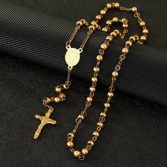 14K Gold Plated Small Rosary Beads Necklace – Ladies' Jesus Cross Jewelry Necklace