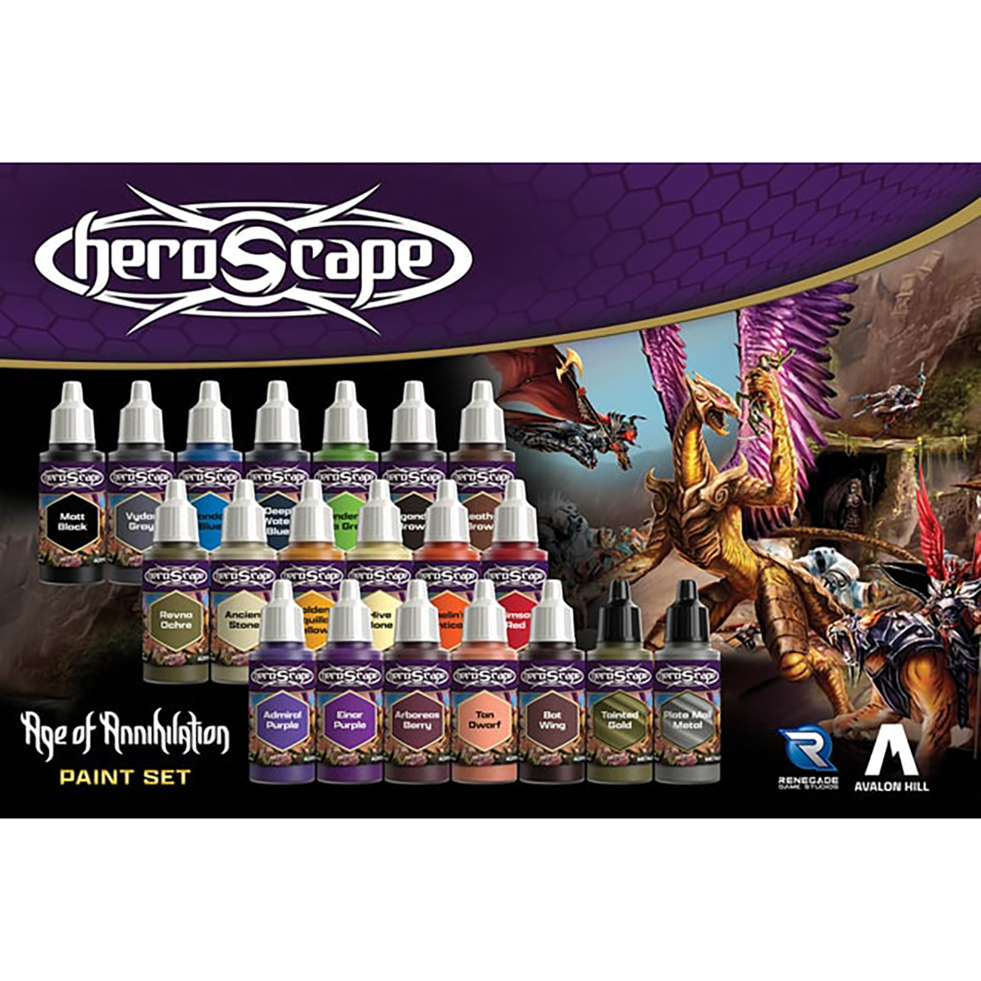 Renegade Games: Heroscape: Age of Annihilation Paint Set - 20 Pigmented Colors, 18ml Bottles, High-Quality, Game & Miniature Figures Art Supplies