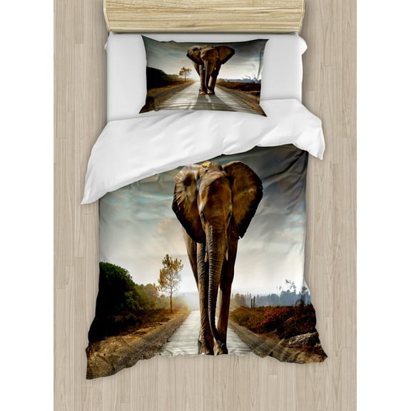 Elephant Duvet Cover Set Twin Size, Lonely Animal Walking Down a Road with Trees and Hills Nature Theme in Africa, Decorative 2 Piece Bedding Set with 1 Pillow Sham, Multicolor, by Ambesonne