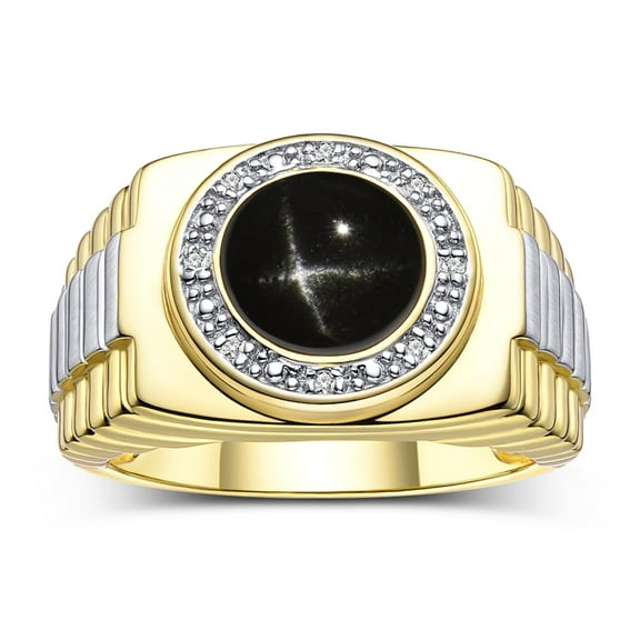 RYLOS Men's Rings 14K Yellow Gold Ring Cabochon Gemstone & Diamonds Designer Style Black Star Sapphire Rings For Men Size 8