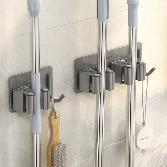 Gancho para trapeador, gancho para colgar trapeador, artefacto para baño sin perforaciones, estante de pared de acero inoxidable para escobas, clip para trapeador