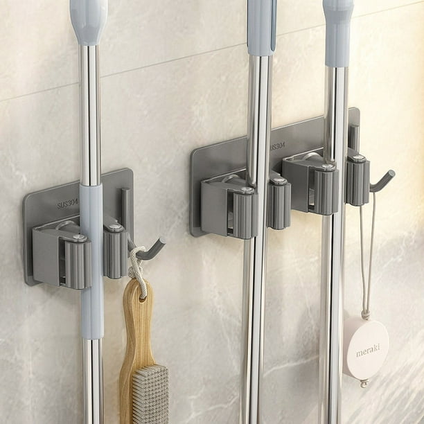 Gancho para trapeador, gancho para colgar trapeador, artefacto para baño sin perforaciones, estante de pared de acero inoxidable para escobas, clip para trapeador