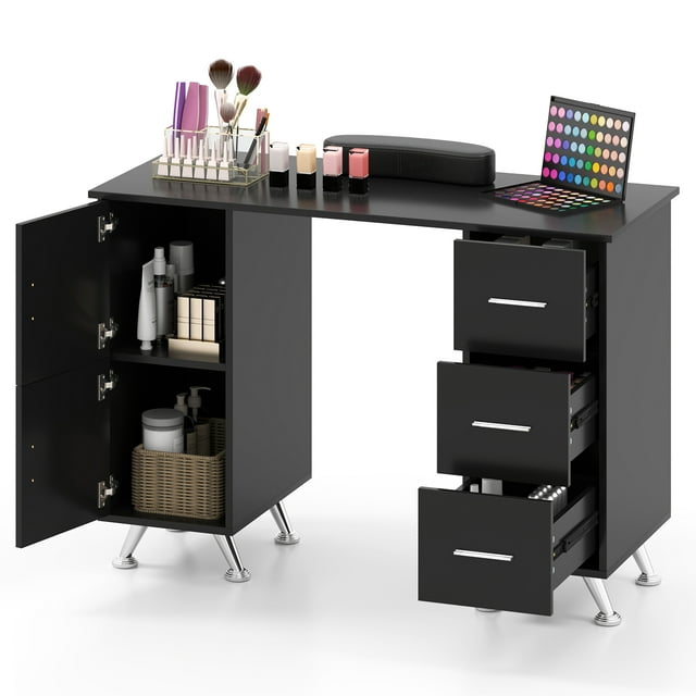 Gymax Manicure Table Nail Desk w/ Drawers Wrist Rest Metal Legs Nail Tech Station Black