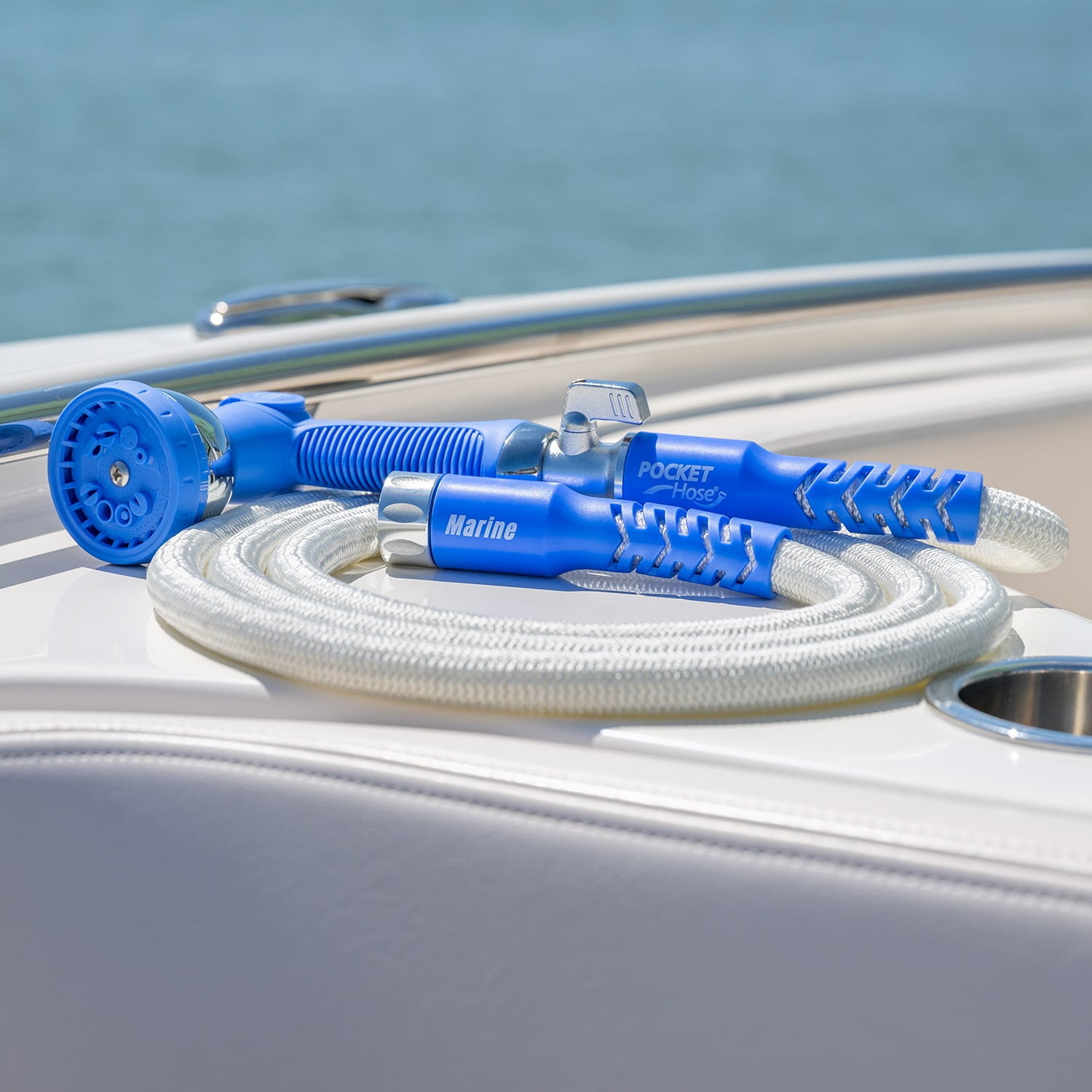Pocket Hose 25 FT Marine, Expandable, White, Scuff Free, 3/4in, On/Off Valve, BONUS 10 Pattern Sprayer + Quick Dry Storage Bag AS SEEN ON TV Solid Aluminum/Lead-Free, Lightweight, No-Kink, All Boats