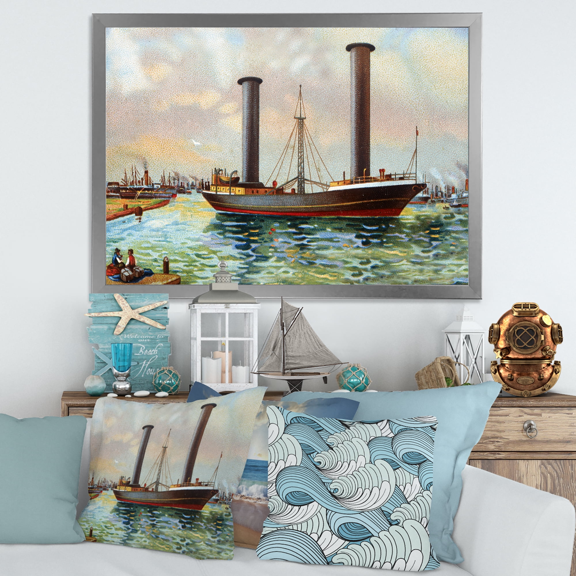 Designart 'The Ancient Boat Leaving The Harbor' Nautical & Coastal Framed Art Print