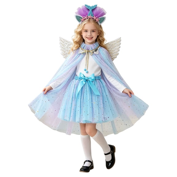 REDARER Kids Fairy Cosplay Set Glitter Tulle Tutu Skirt Cape Wings Headband Outfit for Halloween Festival Party Role Play Stage Performance,9-11 Years