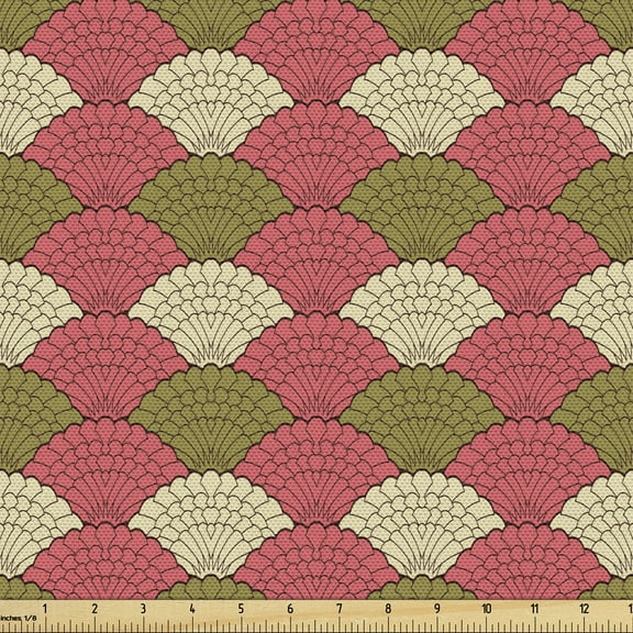 Retro Fabric by the Yard, Vintage Style Seashell Like Pattern Abstract Repetitive Illustration, Upholstery Fabric for Dining Chairs Home Decor Accents, 5 Yards, Coral Fawn by Ambesonne