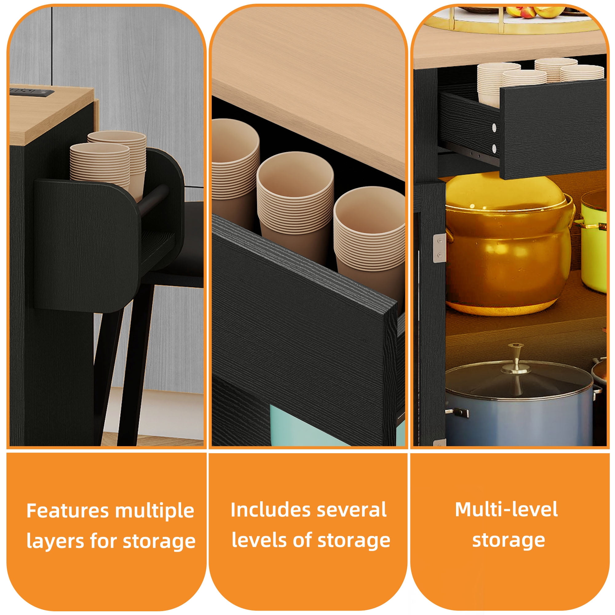 Craftian Kitchen Island Cart with Charging Station & Bar Stools, Kitchen Island with Storage & Drop Leaf, Black