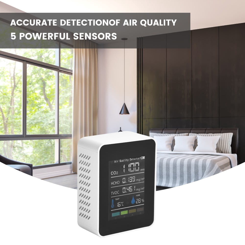 5 In1 Indoor Air Quality Monitor CO2 HCHO TVOC AQI Meter Detector Tester