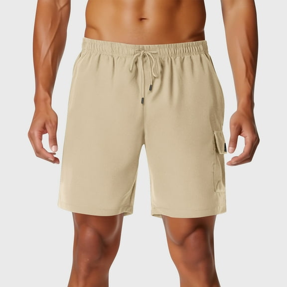 PiGOGI Men's Fashion Casual Shorts with Elastic Waist, Solid Color Lightweight Polyester Pants for Summer Outdoor Lounge Khaki XL