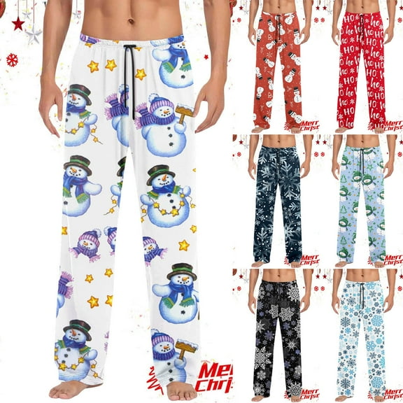 Mens Xmas Pj Pants Elastic Waist Christmas Print Holiday Casual Pants Bottoms Celebrating Xmas Gifts Loose Fit Sleepwear for Men White L