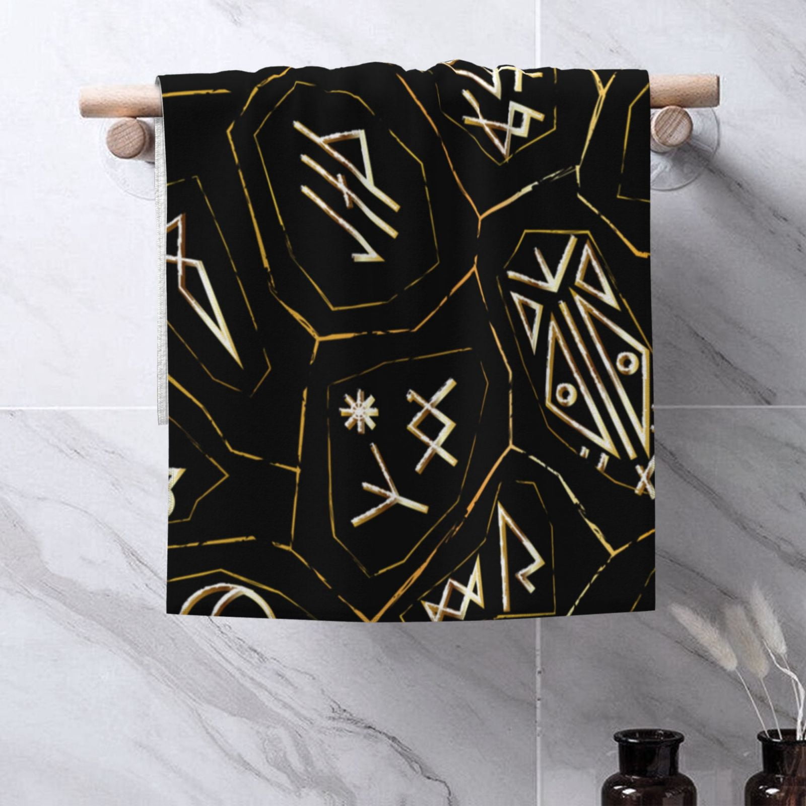 Gold Black Ancient Runes 27.5" x 16" Ultra Soft Hand Towel, Face Wash Cloth for Bathroom, Gym, Travel, Pool