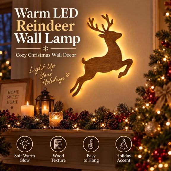 Wooden Reindeer Wall Lamp, Warm LED Backlit Wall Hanging Decorative Night Light, Christmas Wall Decor for Living Room, Bedroom, Fireplace, Brown-1pcs-5.9in