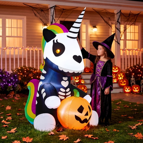 Joyfy 5 ft Halloween Inflatable Sitting Skeleton Unicorn with Build-in LEDs,Halloween Blow up Yard Decorations Outdoor Decorations