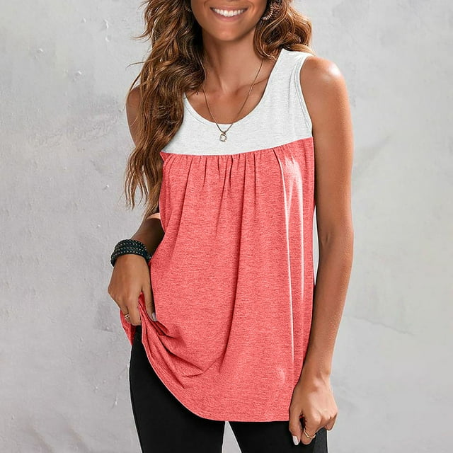 SMihono Womens Tops Womens Tank Top Womens Rund Neck Blouses Summer Causal Color Matching Print Sleeveless Tops Shirts Tank Tops for Women Womens Summer Tops