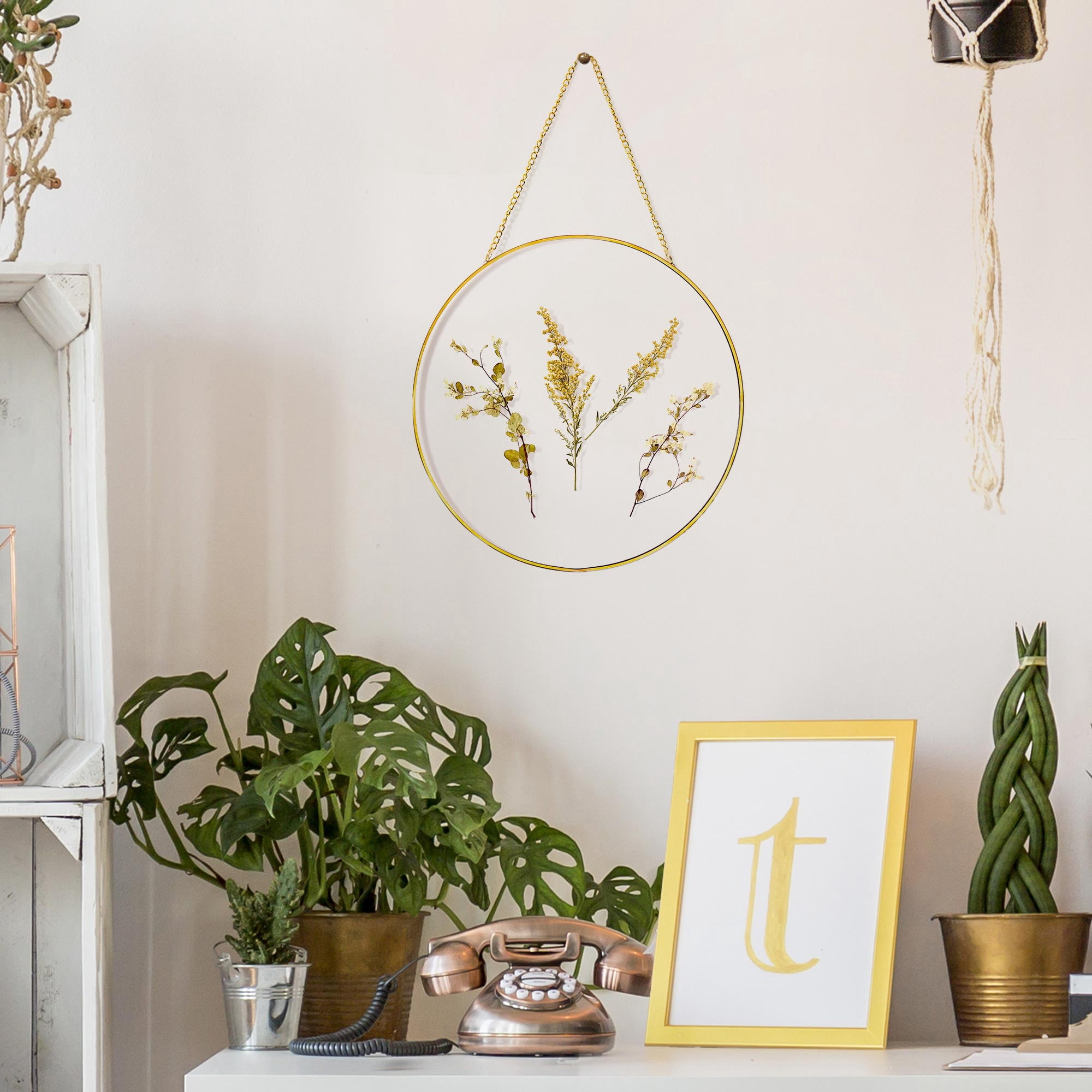 (3 pack) Mainstays Hanging Gold Circular Framed Glass Dried Pressed Floral Wall Decor, 9x9