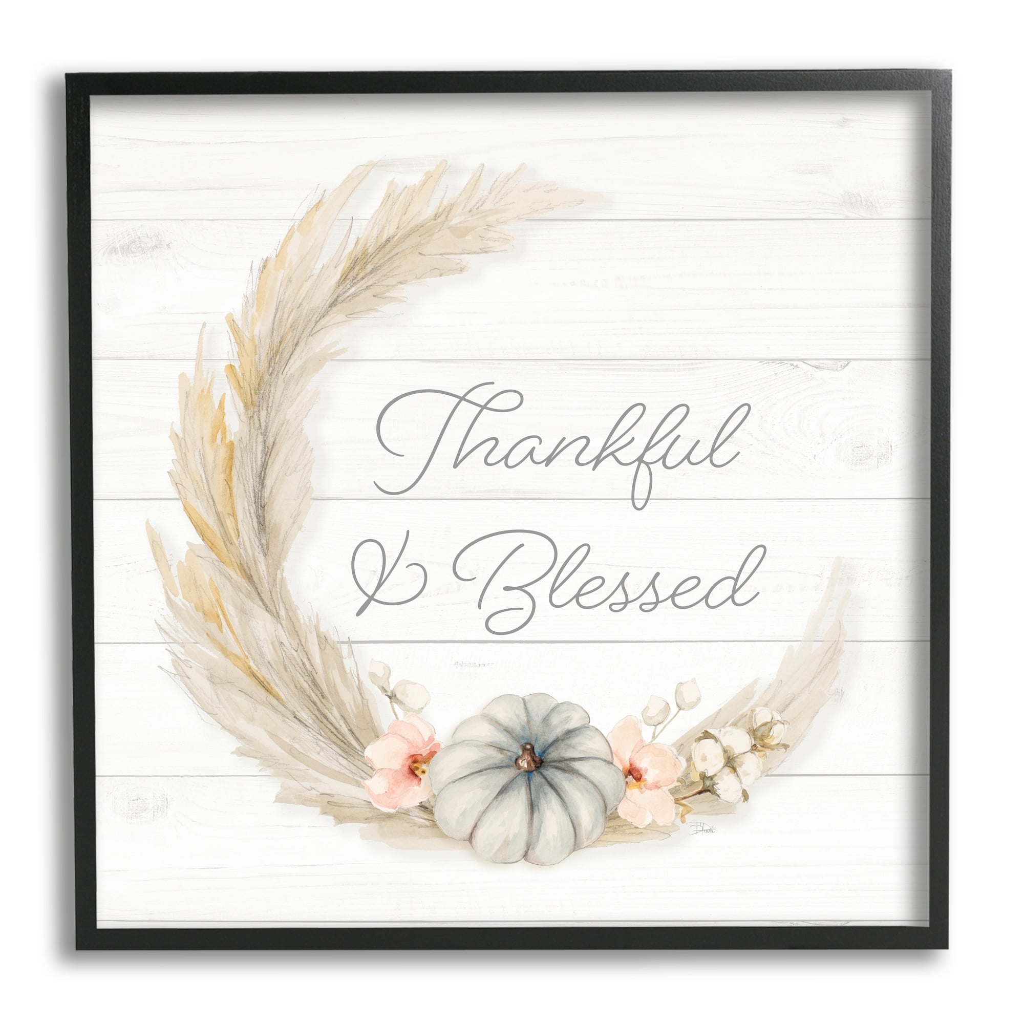 Thankful & Blessed Tender Autumnal Phrase Wreath Inspirational Graphic Art Framed Art Print Wall Art