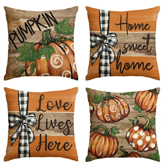 Sm:)e Fall Pumpkin Home Sweet Home Throw Pillow Covers, 18 x 18 Inch Love Lives Here Autumn Harvest Stripes Polka Dots Decorations for Sofa Couch Set of 4