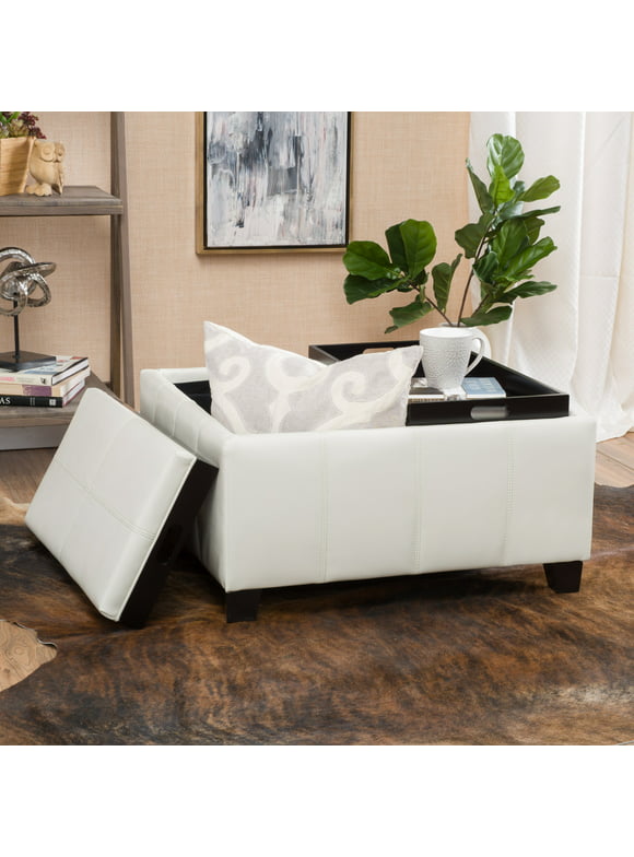 Noble House Westerfield Ivory Faux Leather Storage Ottoman