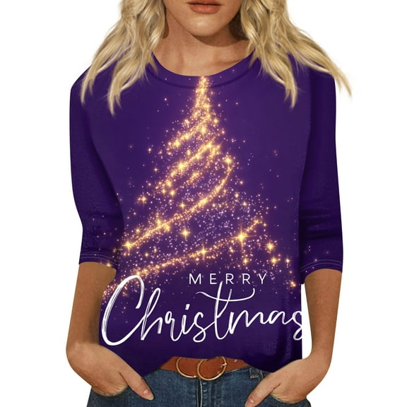 Womens Christmas Tops 3/4 Length Sleeve Crewneck T Shirts for Women Graphic Xmas Tree Snowflake Print Tshirts Dressy Casual Blouse Fall Tops Elbow Sleeve Tunic Tops