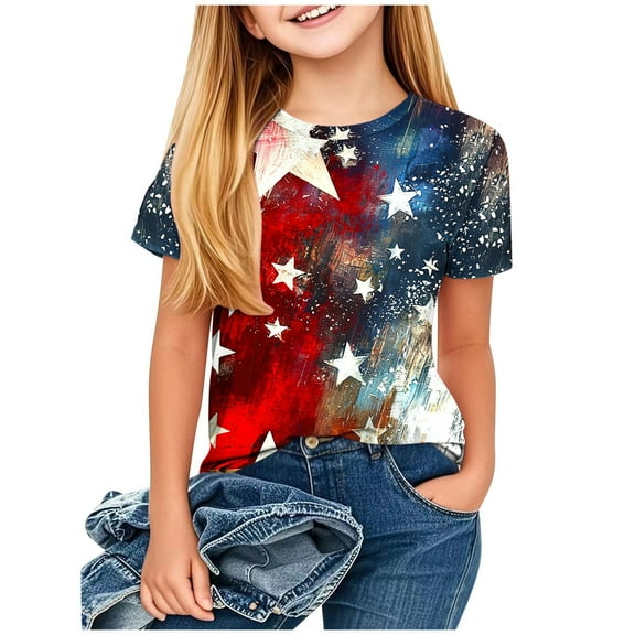 ZACPNCV Flag Shirt for Girls USA Flag T-Shirt 4th of July Shirt Patriotic Tee Tops Independence Day Clothes Blue 9-10 Years