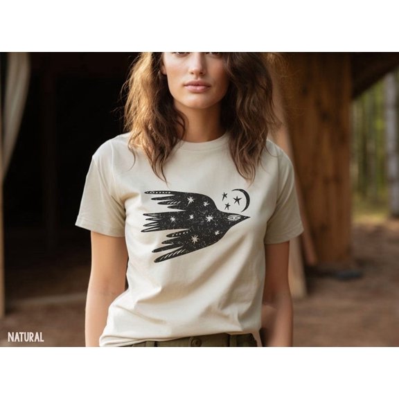 Celestial Bird Shirt Flying Bird Night Sky Moon Stars Vintage Tee Distressed Graphic Tshirt Bohemian Style Trendy Boho Design Folk Art Tee TH270509