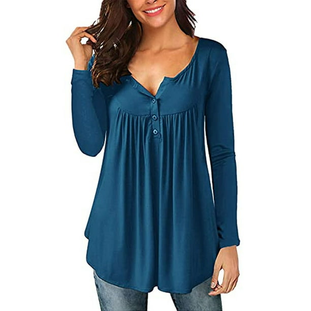Túnica de mujer Tops de manga larga suelta cuello en V con botones y plisado fluido Otoño Invierno Henley Camisas blusa camiseta