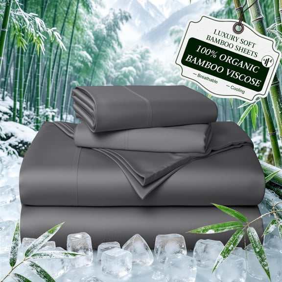 Sonoro Kate 100% Organic Cooling Bamboo Sheets, Queen Sheet Set 4-Piece with 16" Deep Pocket, Silky Smooth Luxury Bed Sheets, Dark Gray