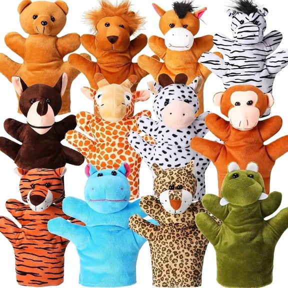 12pcs Hand Puppet Zoo Animal Plush Puppets Cute Animal Hand Puppets Plush Pretend Toys, with Tiger Lion Bear Leopard Design for Telling Story Teaching Role Play, Christmas, Halloween Special Gifts