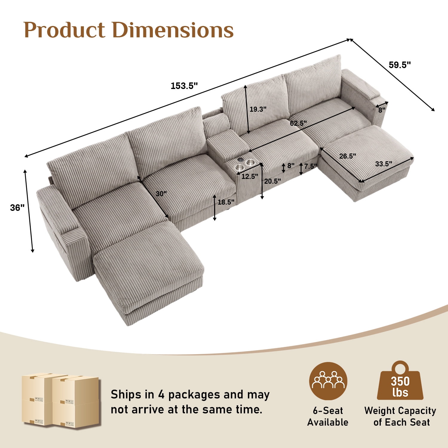 Wiilayok 153" Oversized U-Shaped Cloud Couch Sectional with Modular Design for Living Room: Comfy Corduroy, Ottoman, USB Port, Cup Holder, Armrest Storage, Side Pocket, Grey