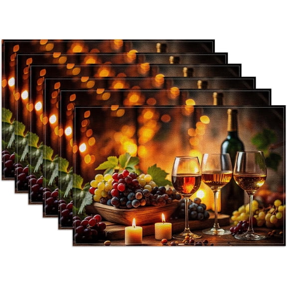 Wine Placemats Set of 6, Linen Place Mat Washable Stain Resistant Table Mats for Country Winery Artisanal Farmhouse Kitchen 12x18 Inch