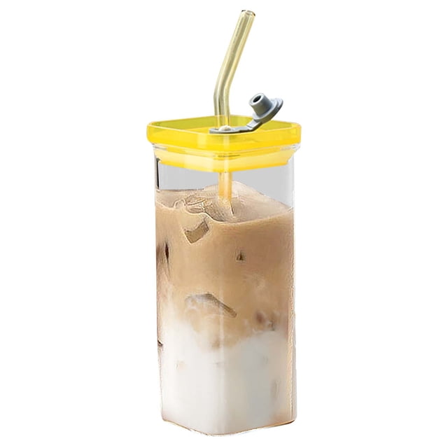 Dvruxg Tasses en Verre Résistantes à la Chaleur avec Paille, Tasse Carrée en Verre à Café Transparente Résistante à la Chaleur avec Couvercle et Paille, Tasses pour Boissons Froides, Jus, Tasse à Lait
