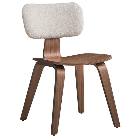 White Boucle and Walnut Wood Side Chairs, Set of 2 Modern Upholstered Back Dining Chairs