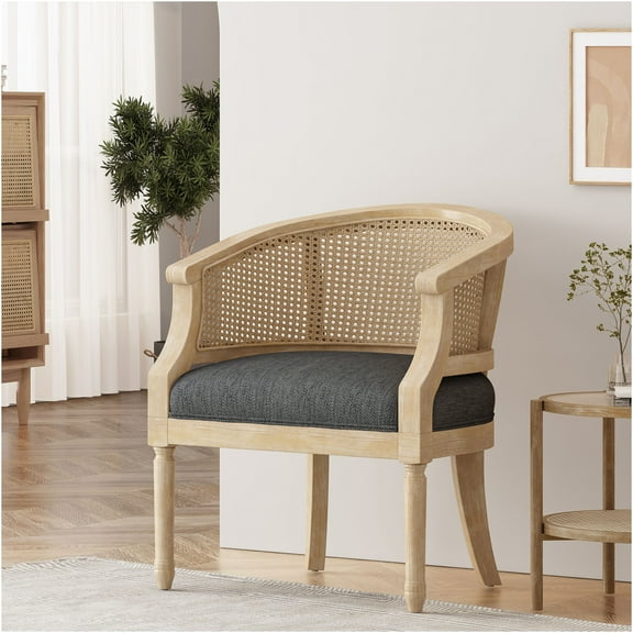 JERFIT French Country Cane Webbing Accent Chair, Upholstered Rubberwood Armchair with Weathered Finish for Living Room, Bedroom