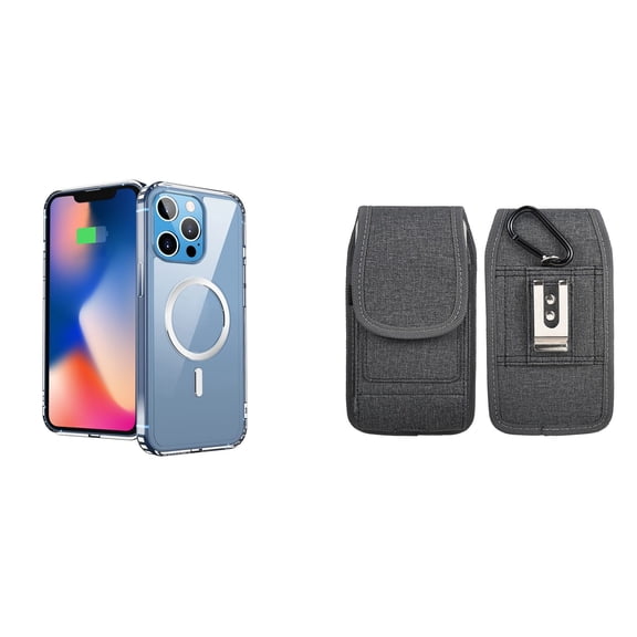 Ultra Clear Case (MagSafe Compatible) and Belt Holster Pouch for Apple iPhone 14 Pro Max (Black/Gray)