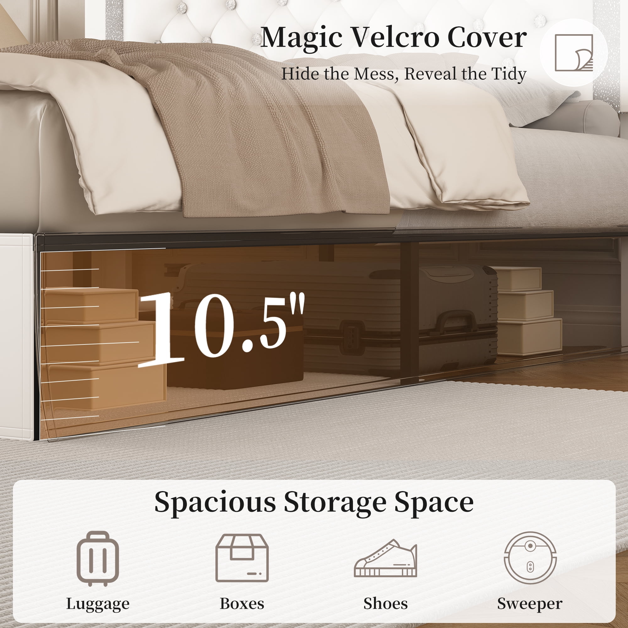 SIBEDS Full Upholstered Bed Frame with Adjustable Headboard and LED Lights, White PU Tufted Diamond Button, No Box Spring Needed, Noise Free