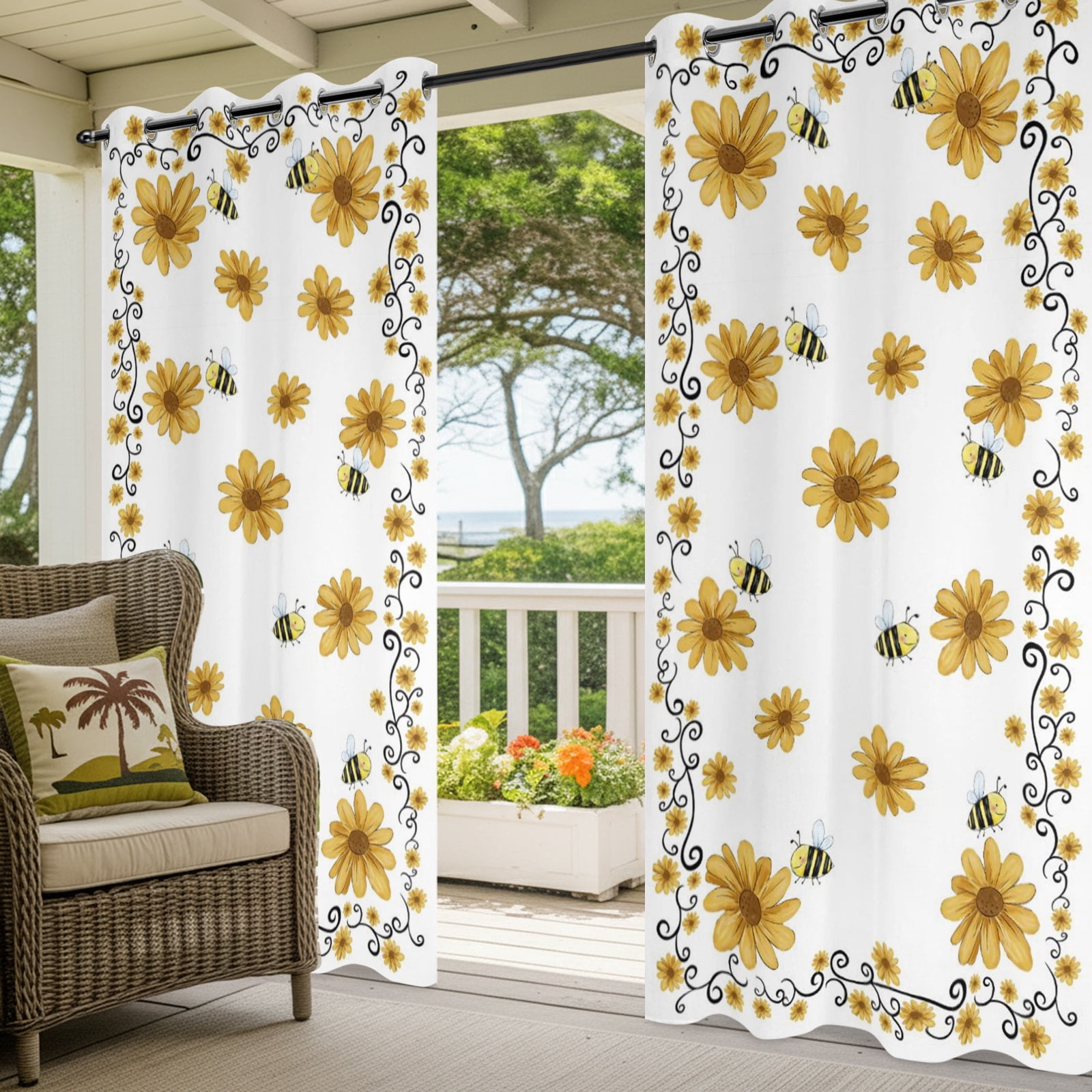 Yellow Daisy Outdoor Curtains for Patio, Bee Rustic Farmhouse Wildflowers Floral Sunshade Privacy Drapes Grommet Waterproof Outside Curtains for Porch/Cabana/Balcony 54"x 108", 1 Panel