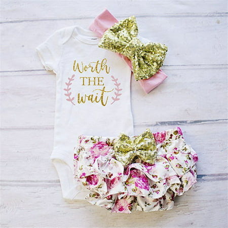 Newborn Baby Girls Cotton Tops Romper Jumpsuit Floral Shorts Pants 3Pcs Outfits Set Clothes Pink 0-3 Months