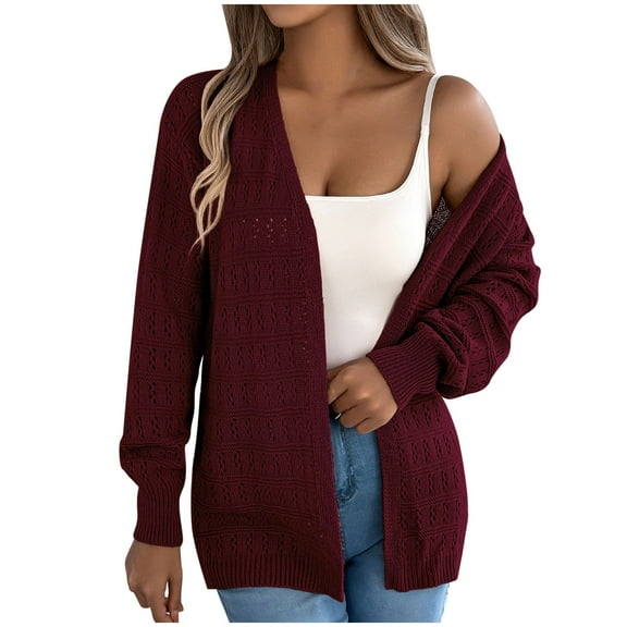 Wyobums Women's Cardigan Sweaters Fall Long Sleeve Crochet Eyelet Open-Front Cardigan Lightweight Loose Knitted Sweater B-Burgundy