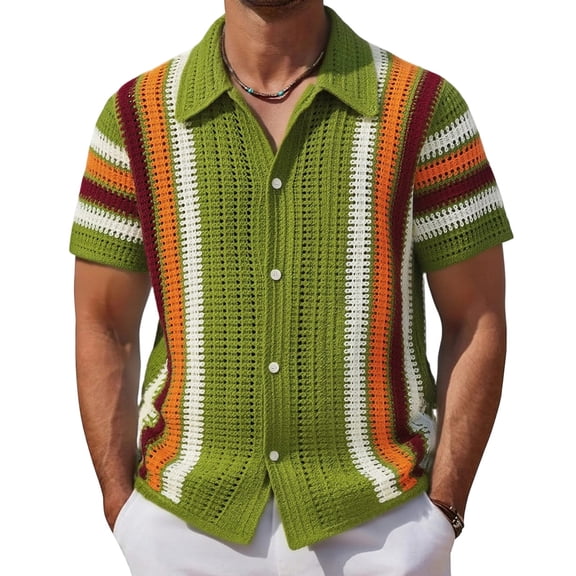 FRSASU Men's Striped Color Block Crochet Short Sleeve Knited Sweater Button Down Shirts Hollow Out See Through Collared Knit Tops Green