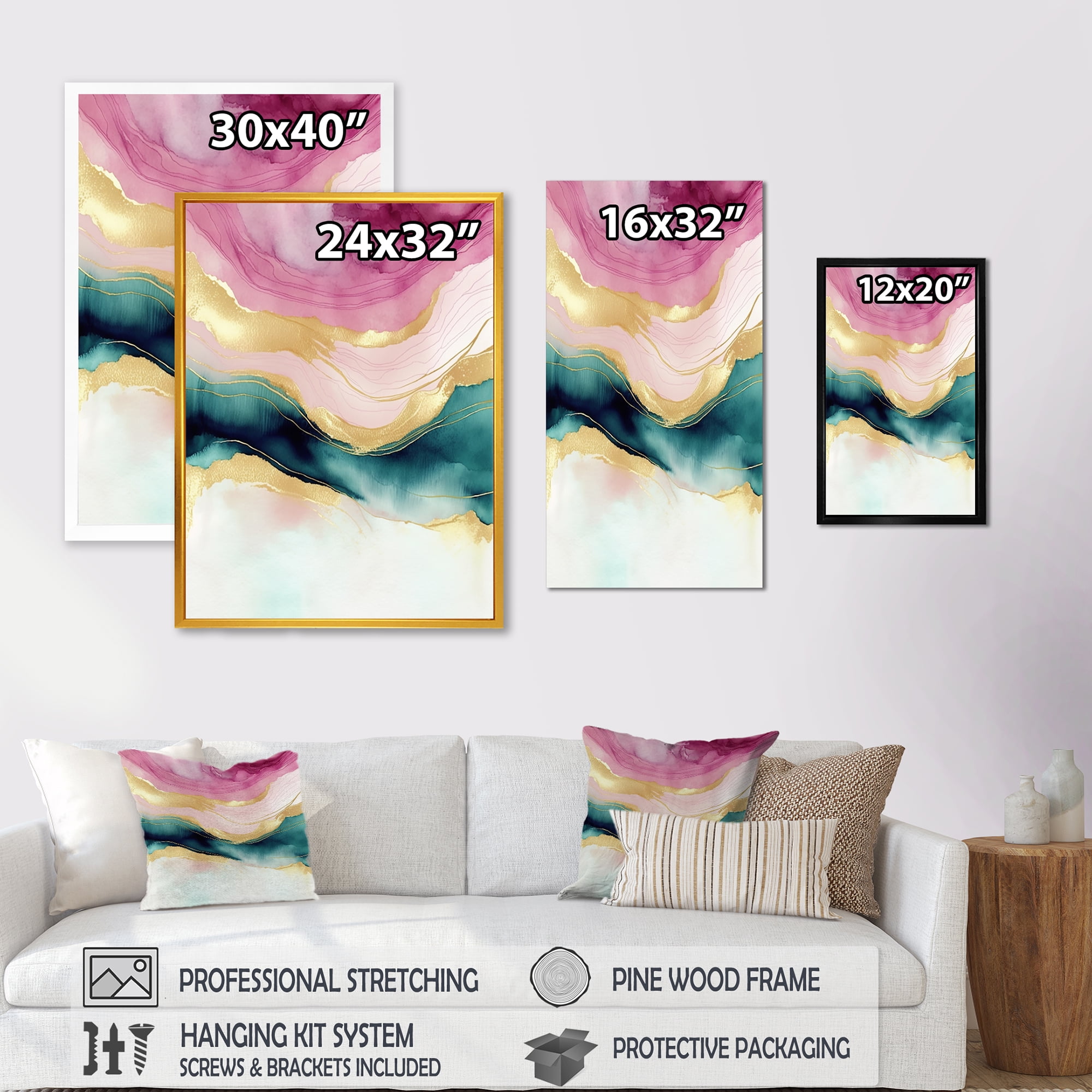 Designart Abstract Geode Marble Waves Pink III Canvas Wall Art